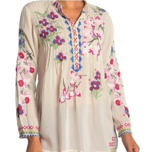 Johnny Was Cream Floral Embroidered Blouse Tropical Garden